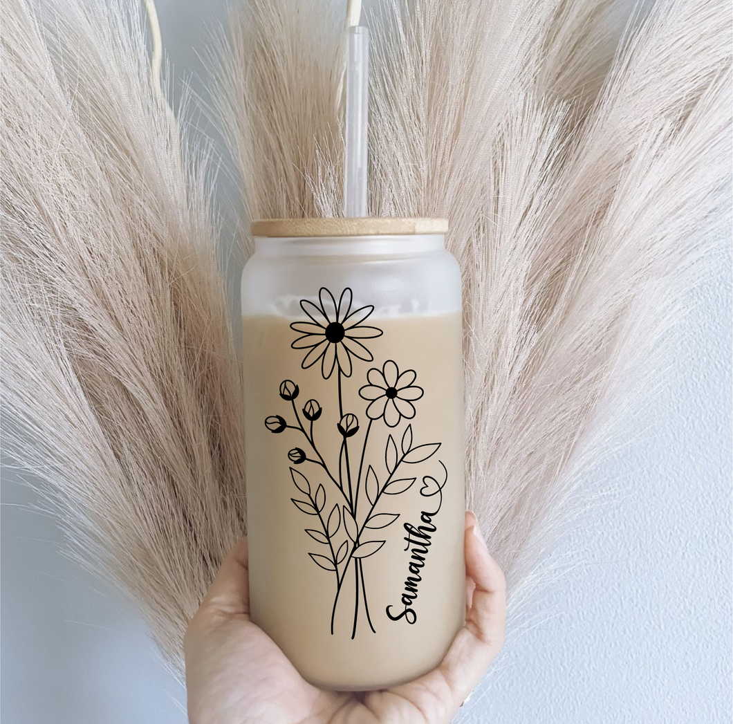 Wildflower Personalized Iced Coffee Cup, Floral Glass Can With Lid Straw, 16oz Glass Cup, Party Favor, Floral Can Glass, Mother Day Gifts