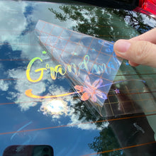 Load image into Gallery viewer, Grandma With Dragonfly Car Decal, Color Changes In The Sun, Custom Names Decals, Holographic Vinyl.
