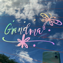 Load image into Gallery viewer, Grandma With Dragonfly Car Decal, Color Changes In The Sun, Custom Names Decals, Holographic Vinyl.
